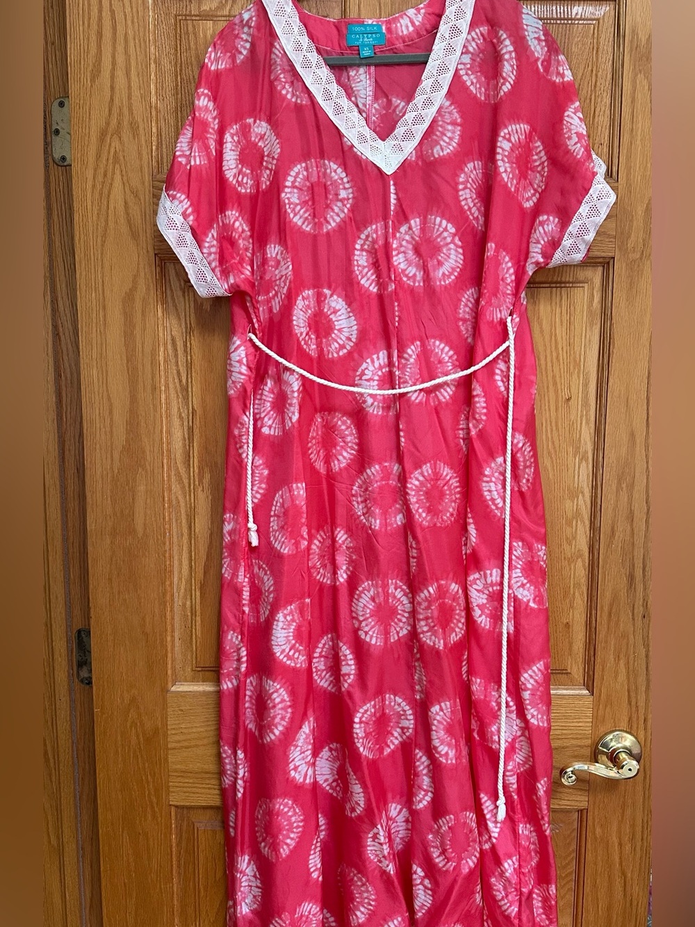 Calypso St. Barth Pink and White Tie-Dye Coverup with Lace Trim
